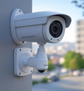 Cámara de seguridad instalada en pared exterior, ideal para monitoreo en negocios.