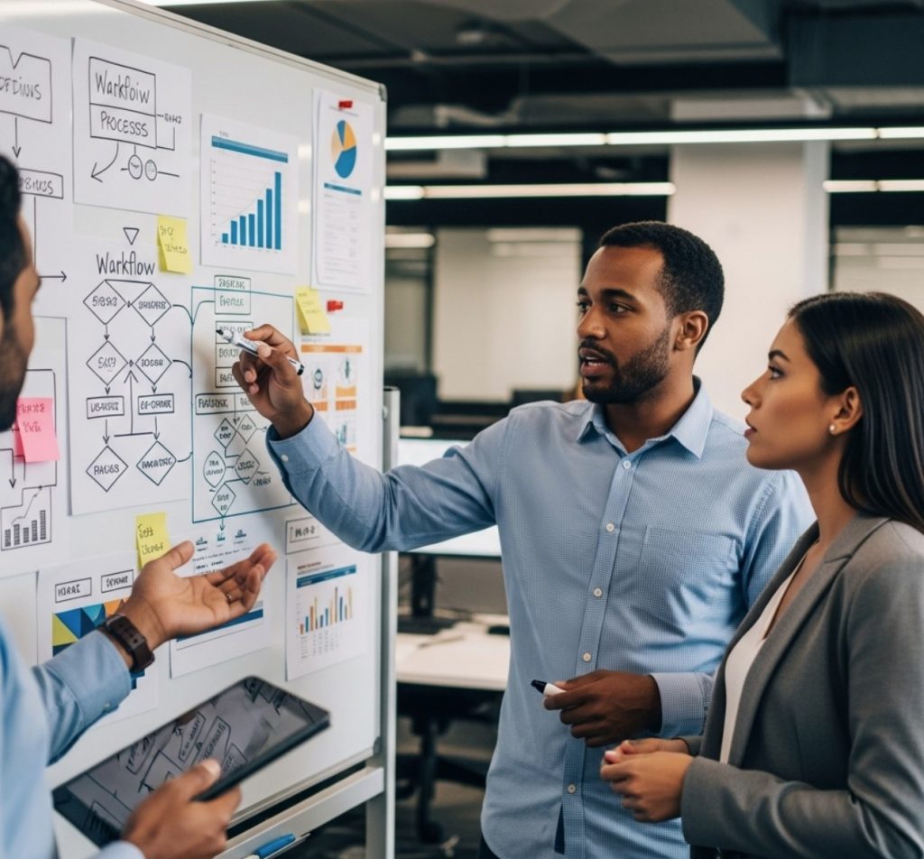 Consultores de DIGISOL en sesión estratégica con cliente Profesionales de DIGISOL analizando gráficos y estrategias junto a un cliente, durante una sesión de consultoría personalizada.