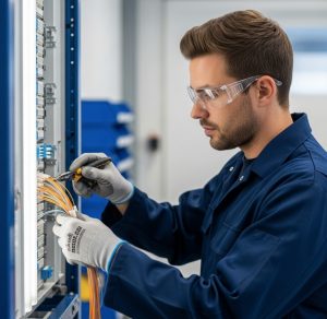 Técnico instalando cableado estructurado en gabinete de red
