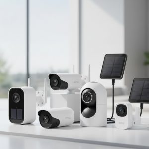 Cámara de seguridad Ezviz Wi-Fi con panel solar, ideal para hogares, negocios y propiedades vacacionales.