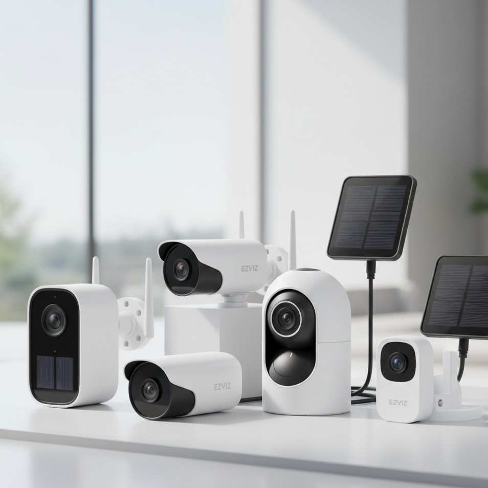 Cámara de seguridad Ezviz Wi-Fi con panel solar, ideal para hogares, negocios y propiedades vacacionales.